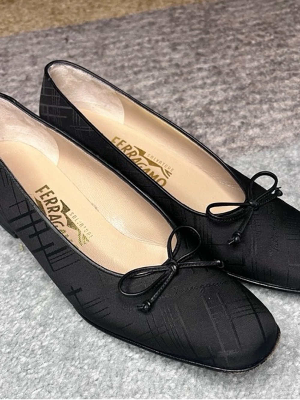 Salvatore Ferragamo Black Satin Bow Flats